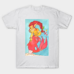 MerMay Red Braided Merman with Pearl Watercolor T-Shirt